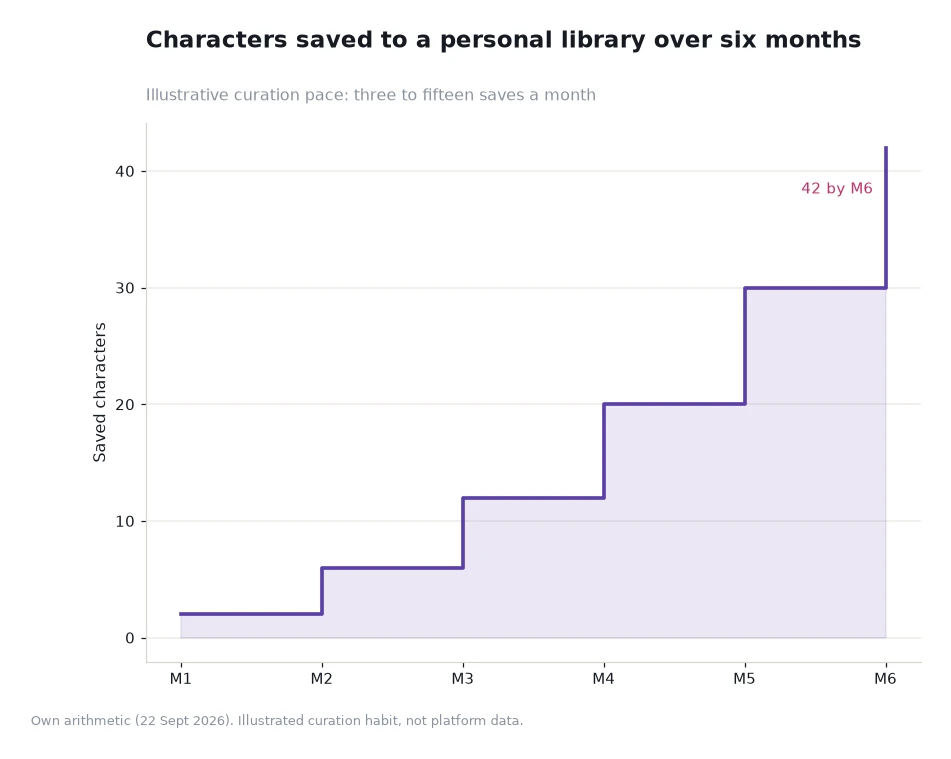 Step chart of characters saved to a personal library across six months